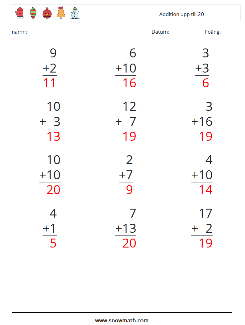 (12) Addition upp till 20 Matematiska arbetsblad 10 Fråga, svar