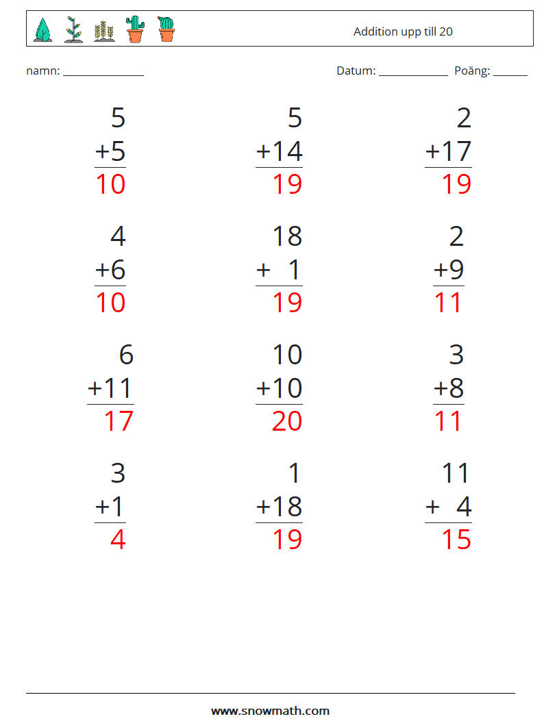 (12) Addition upp till 20 Matematiska arbetsblad 11 Fråga, svar