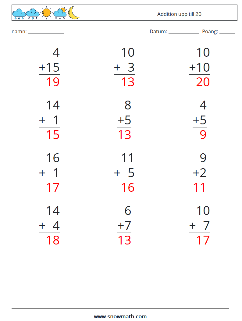 (12) Addition upp till 20 Matematiska arbetsblad 13 Fråga, svar