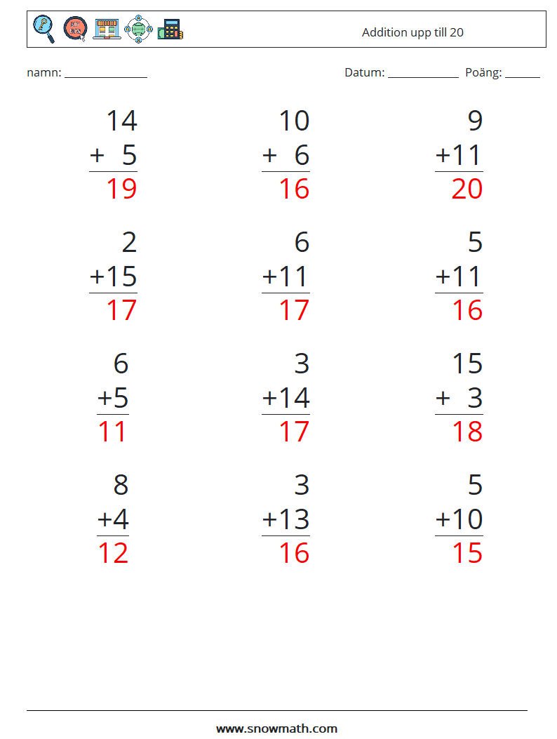 (12) Addition upp till 20 Matematiska arbetsblad 15 Fråga, svar