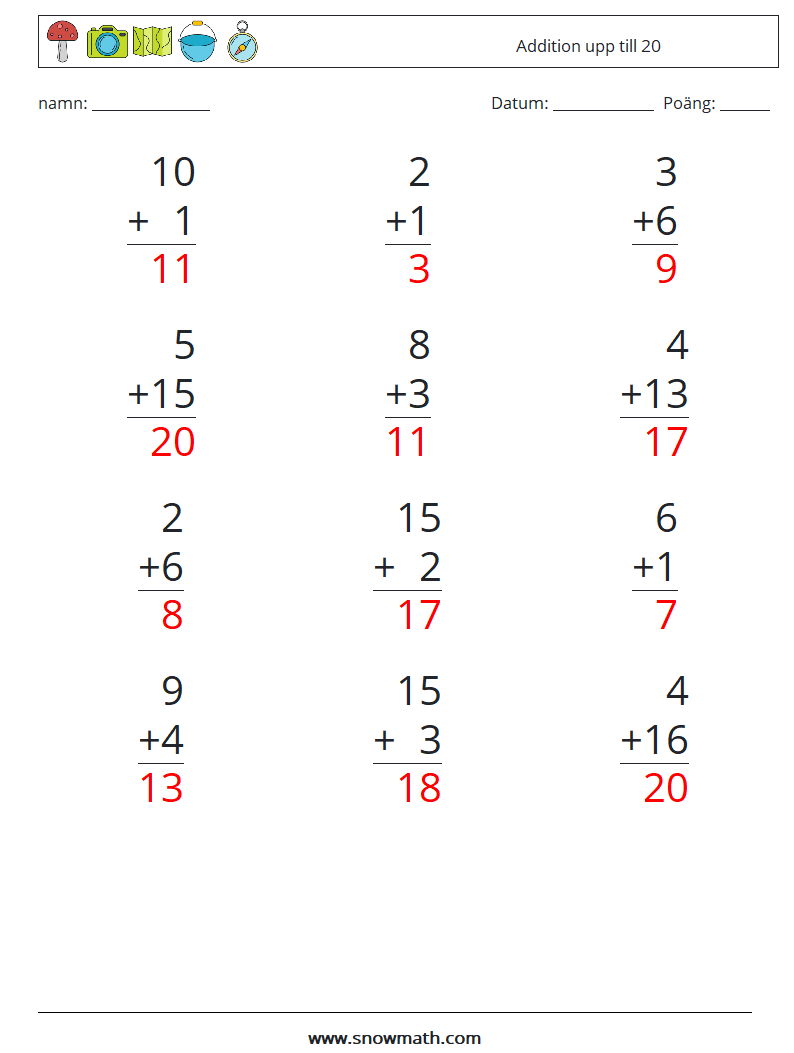 (12) Addition upp till 20 Matematiska arbetsblad 16 Fråga, svar