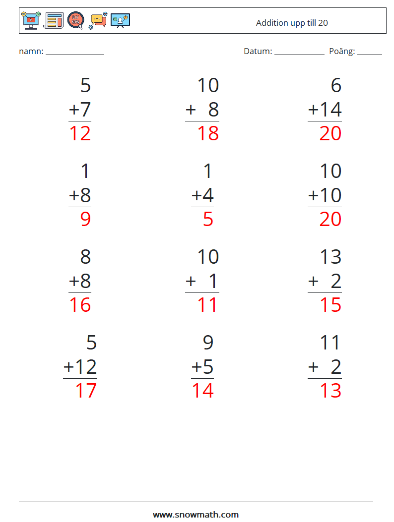 (12) Addition upp till 20 Matematiska arbetsblad 17 Fråga, svar