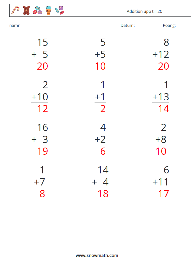 (12) Addition upp till 20 Matematiska arbetsblad 18 Fråga, svar