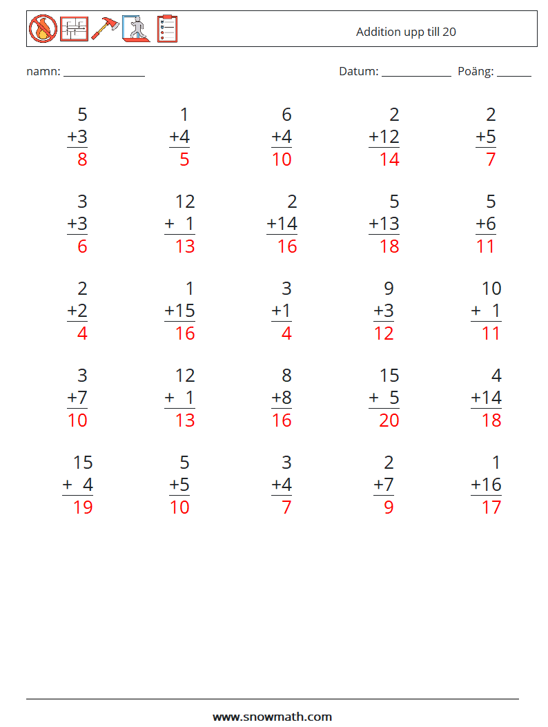 (25) Addition upp till 20 Matematiska arbetsblad 15 Fråga, svar