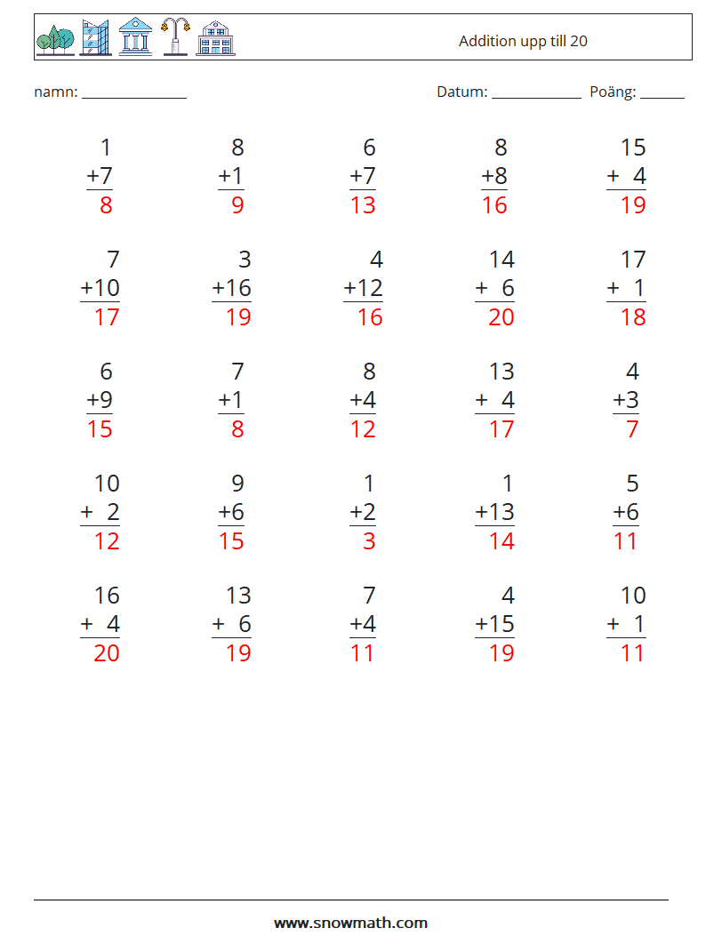 (25) Addition upp till 20 Matematiska arbetsblad 16 Fråga, svar