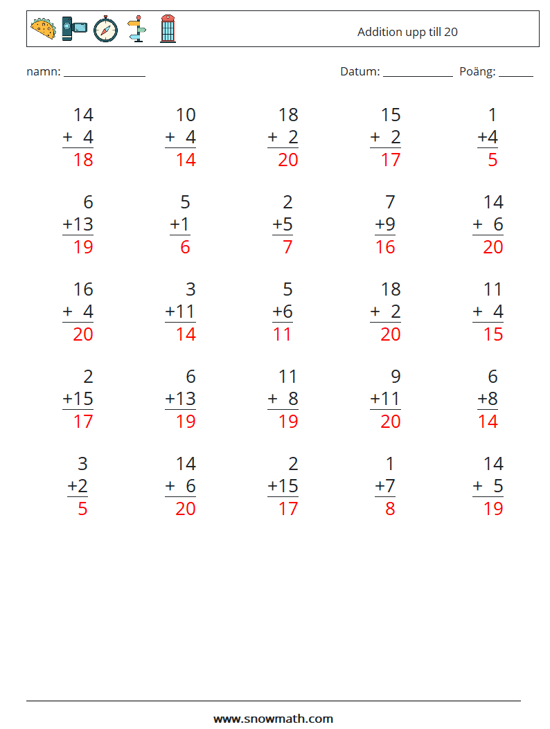 (25) Addition upp till 20 Matematiska arbetsblad 1 Fråga, svar
