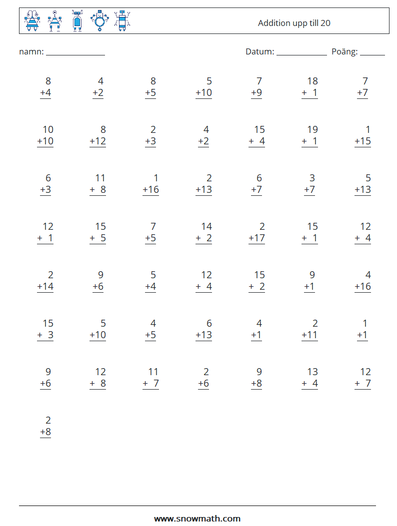 (50) Addition upp till 20 Matematiska arbetsblad 10