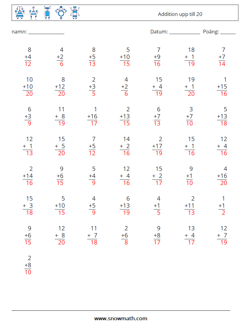 (50) Addition upp till 20 Matematiska arbetsblad 10 Fråga, svar