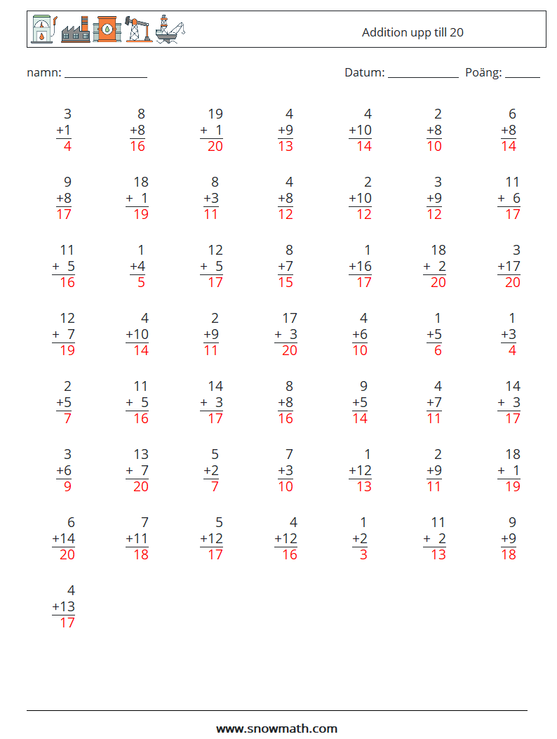 (50) Addition upp till 20 Matematiska arbetsblad 12 Fråga, svar