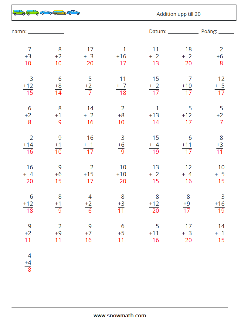 (50) Addition upp till 20 Matematiska arbetsblad 14 Fråga, svar