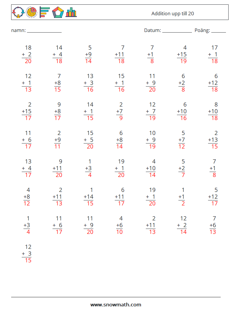 (50) Addition upp till 20 Matematiska arbetsblad 15 Fråga, svar