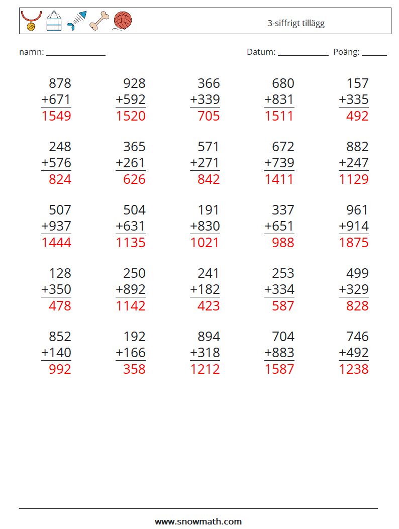 (25) 3-siffrigt tillägg Matematiska arbetsblad 12 Fråga, svar