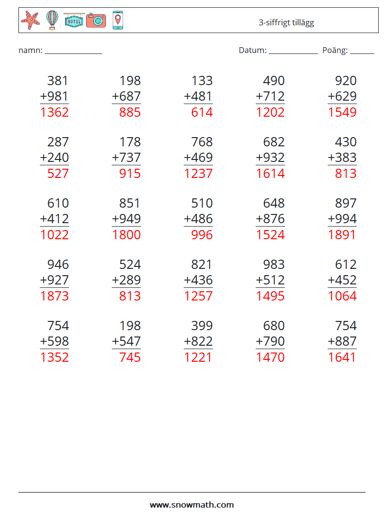 (25) 3-siffrigt tillägg Matematiska arbetsblad 13 Fråga, svar