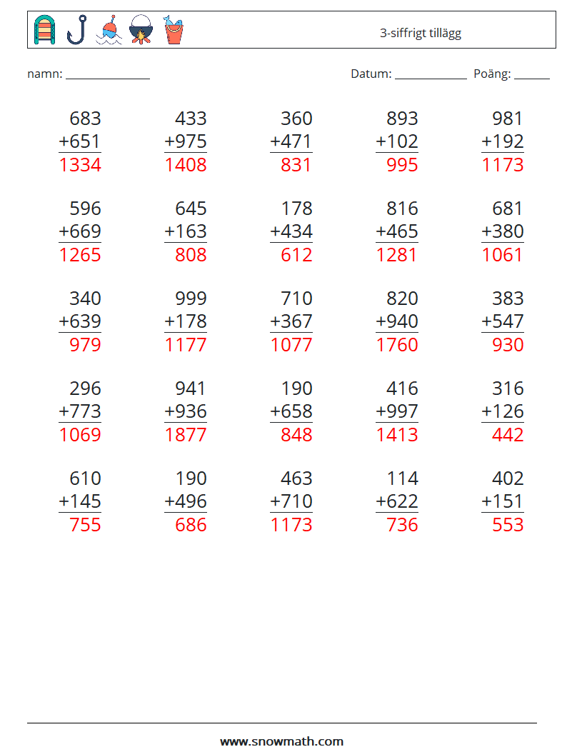 (25) 3-siffrigt tillägg Matematiska arbetsblad 15 Fråga, svar