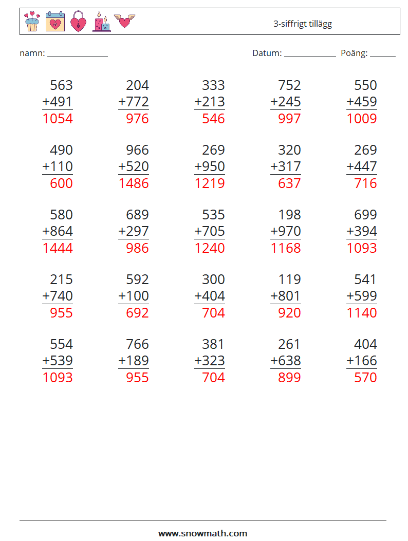 (25) 3-siffrigt tillägg Matematiska arbetsblad 17 Fråga, svar