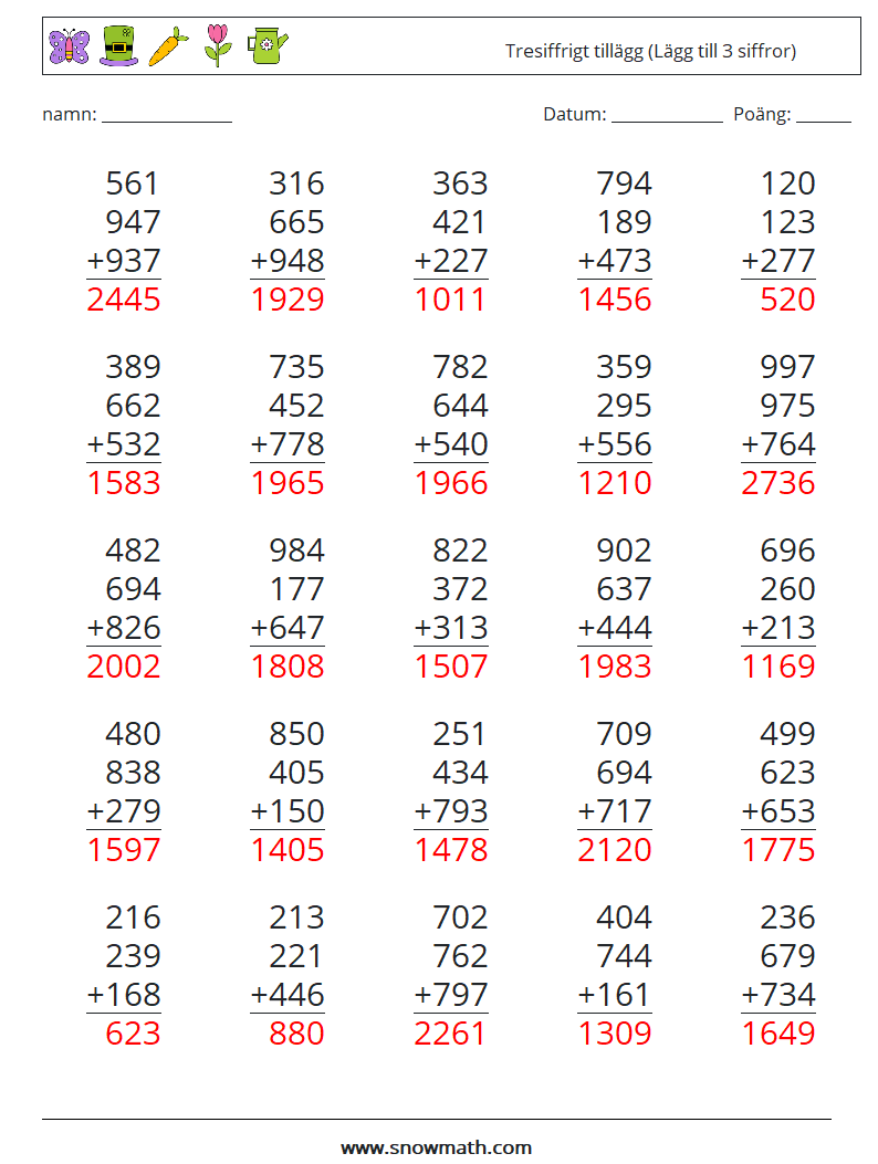 (25) Tresiffrigt tillägg (Lägg till 3 siffror) Matematiska arbetsblad 16 Fråga, svar