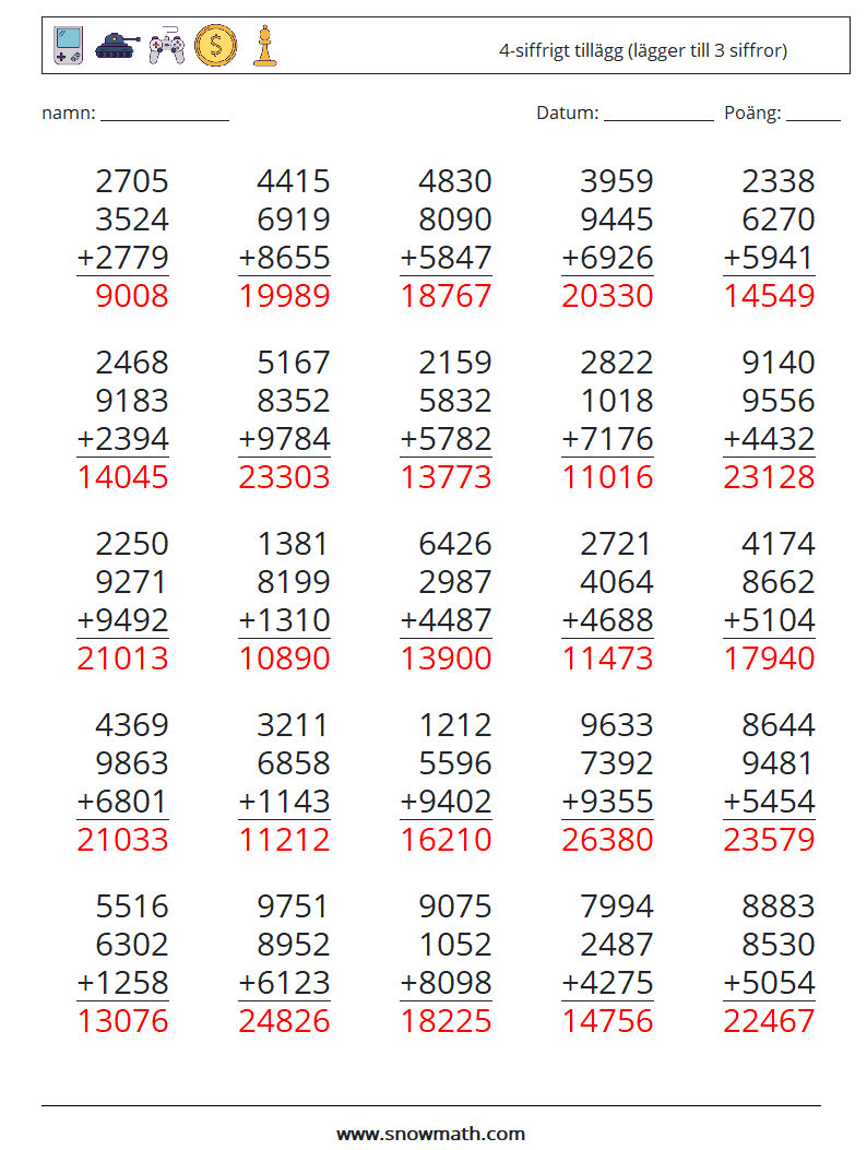 (25) 4-siffrigt tillägg (lägger till 3 siffror) Matematiska arbetsblad 11 Fråga, svar