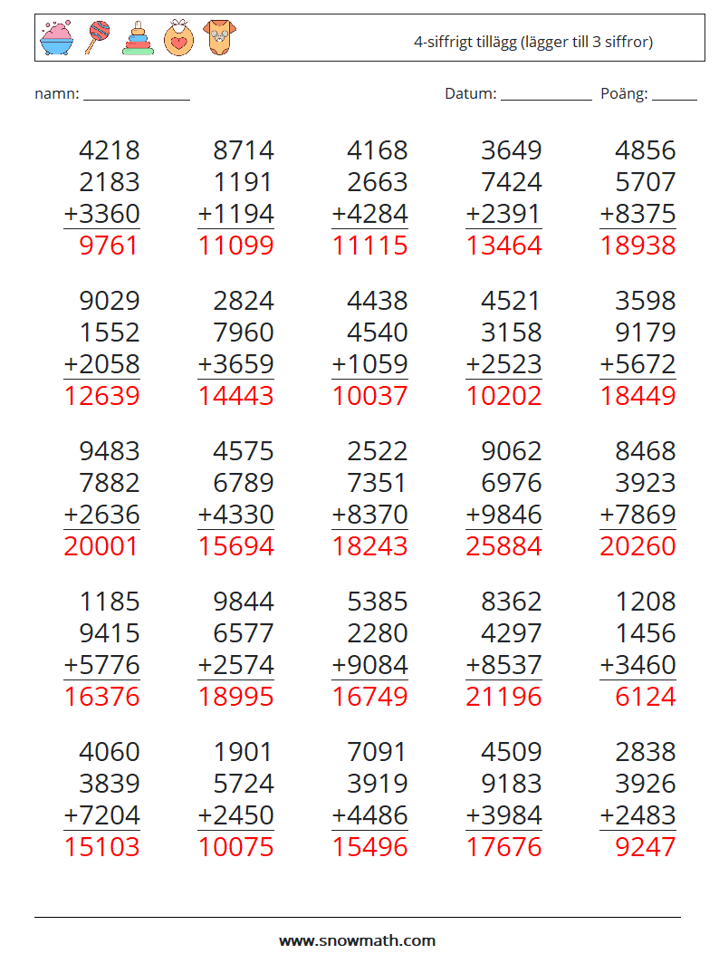 (25) 4-siffrigt tillägg (lägger till 3 siffror) Matematiska arbetsblad 12 Fråga, svar