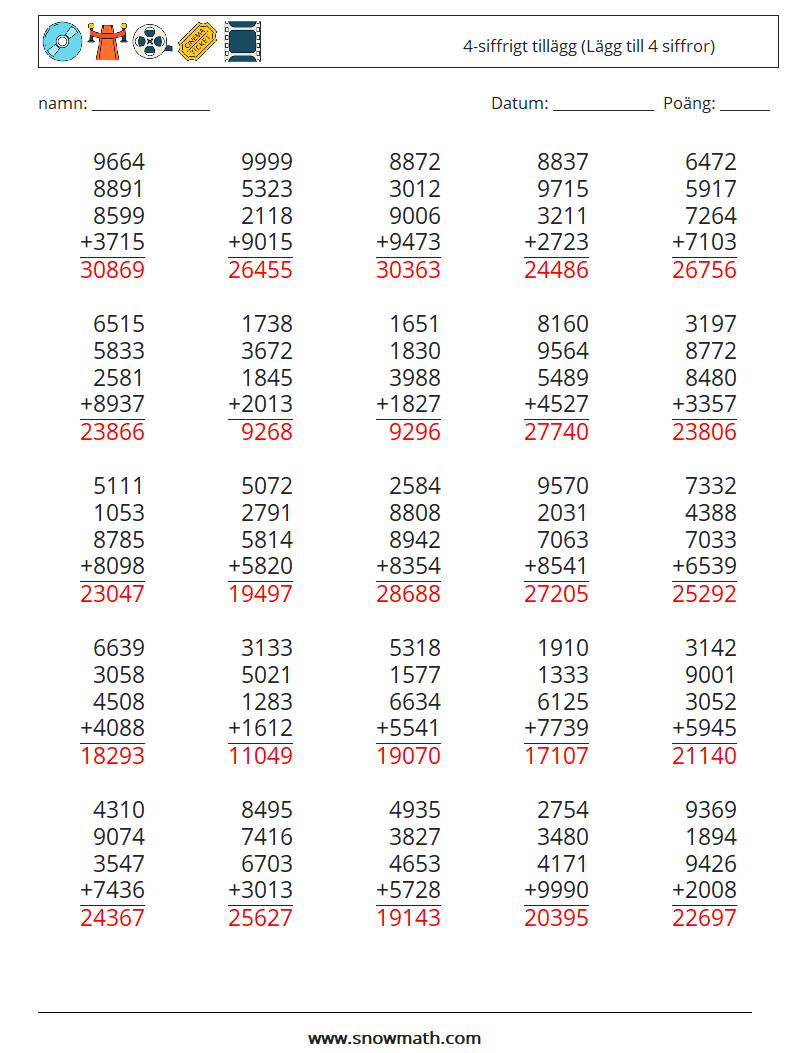 (25) 4-siffrigt tillägg (Lägg till 4 siffror) Matematiska arbetsblad 11 Fråga, svar