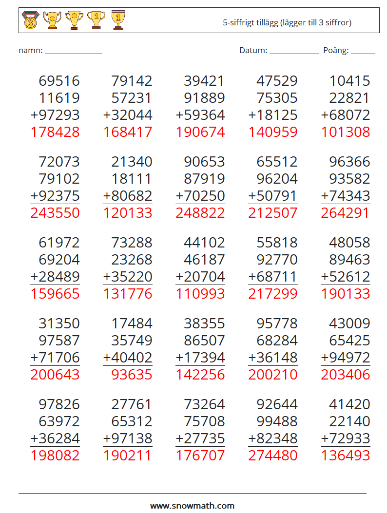 (25) 5-siffrigt tillägg (lägger till 3 siffror) Matematiska arbetsblad 12 Fråga, svar