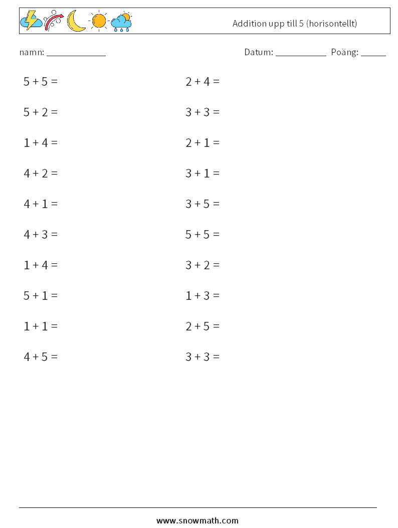 (20) Addition upp till 5 (horisontellt) Matematiska arbetsblad 2