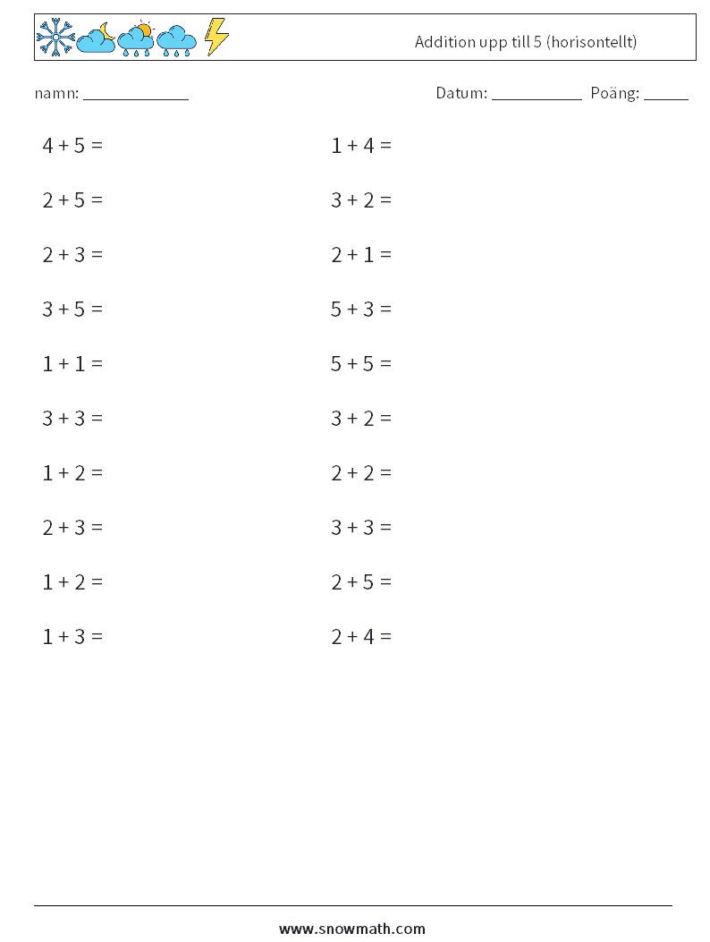 (20) Addition upp till 5 (horisontellt) Matematiska arbetsblad 3