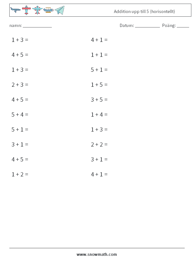 (20) Addition upp till 5 (horisontellt) Matematiska arbetsblad 6
