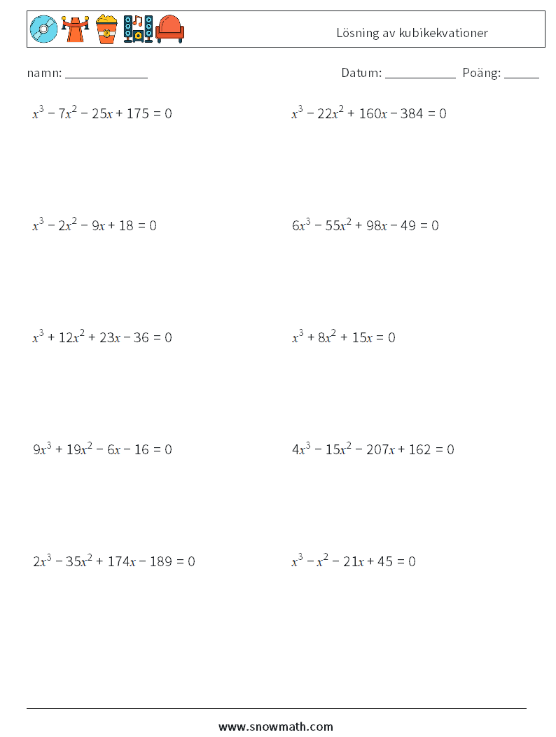 Lösning av kubikekvationer Matematiska arbetsblad 1