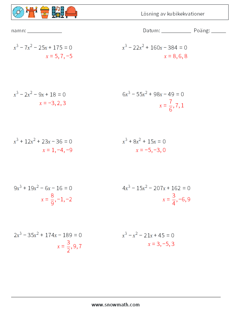 Lösning av kubikekvationer Matematiska arbetsblad 1 Fråga, svar