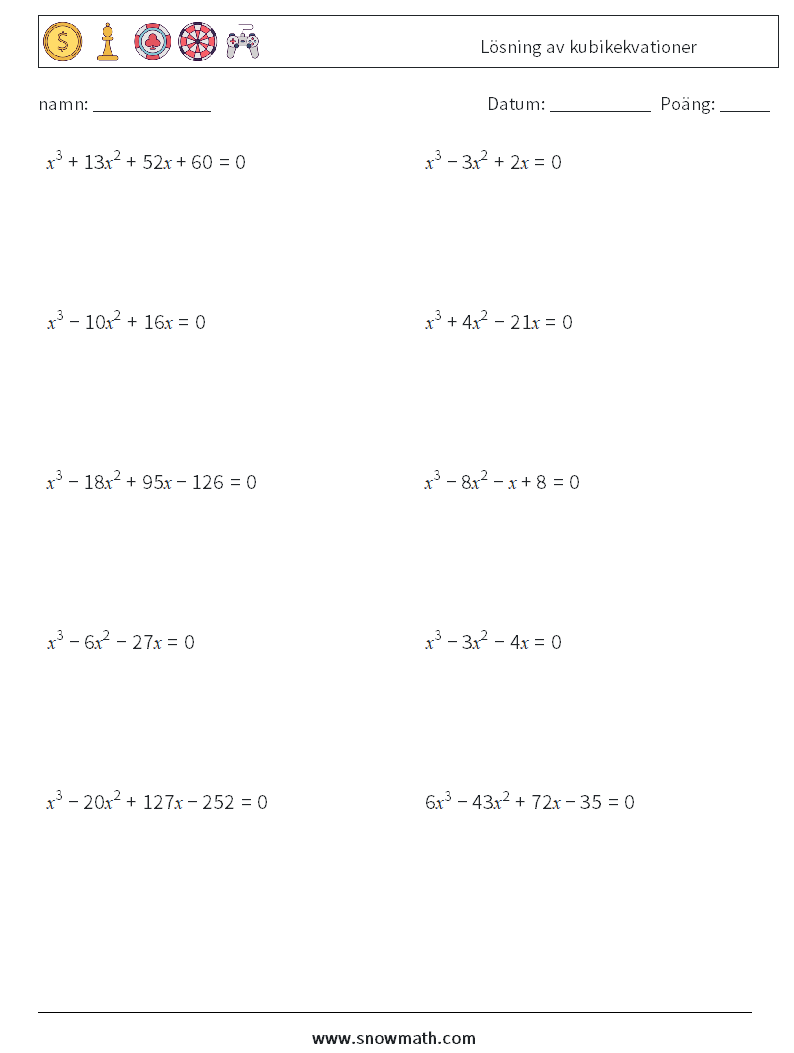 Lösning av kubikekvationer Matematiska arbetsblad 2