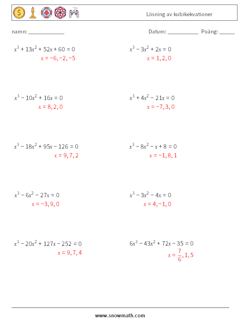 Lösning av kubikekvationer Matematiska arbetsblad 2 Fråga, svar