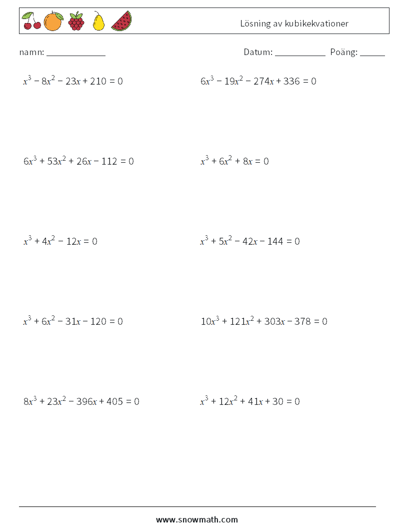 Lösning av kubikekvationer Matematiska arbetsblad 3