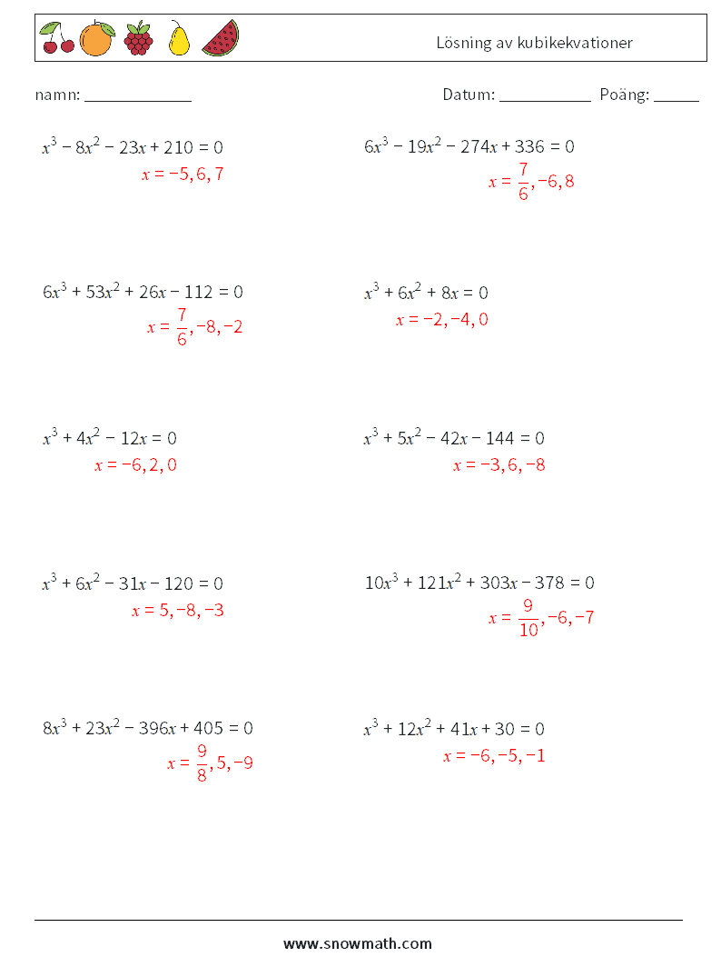 Lösning av kubikekvationer Matematiska arbetsblad 3 Fråga, svar