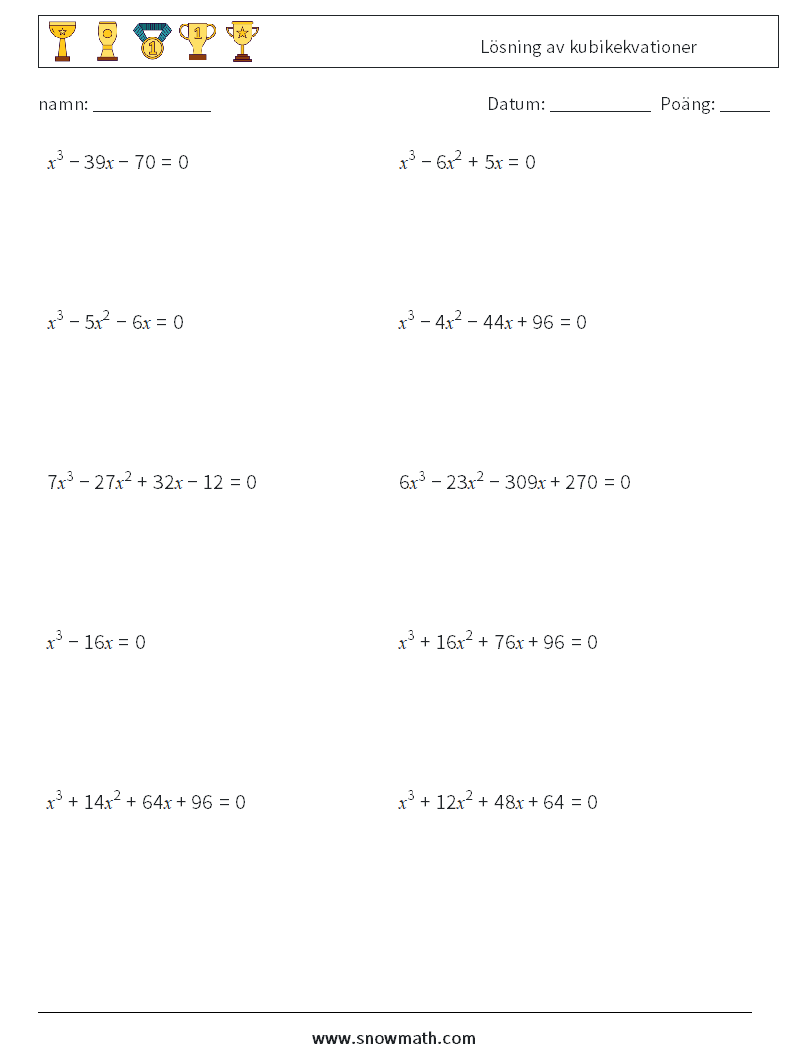 Lösning av kubikekvationer Matematiska arbetsblad 4