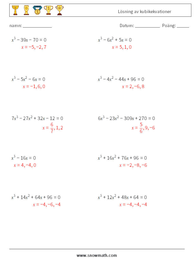 Lösning av kubikekvationer Matematiska arbetsblad 4 Fråga, svar
