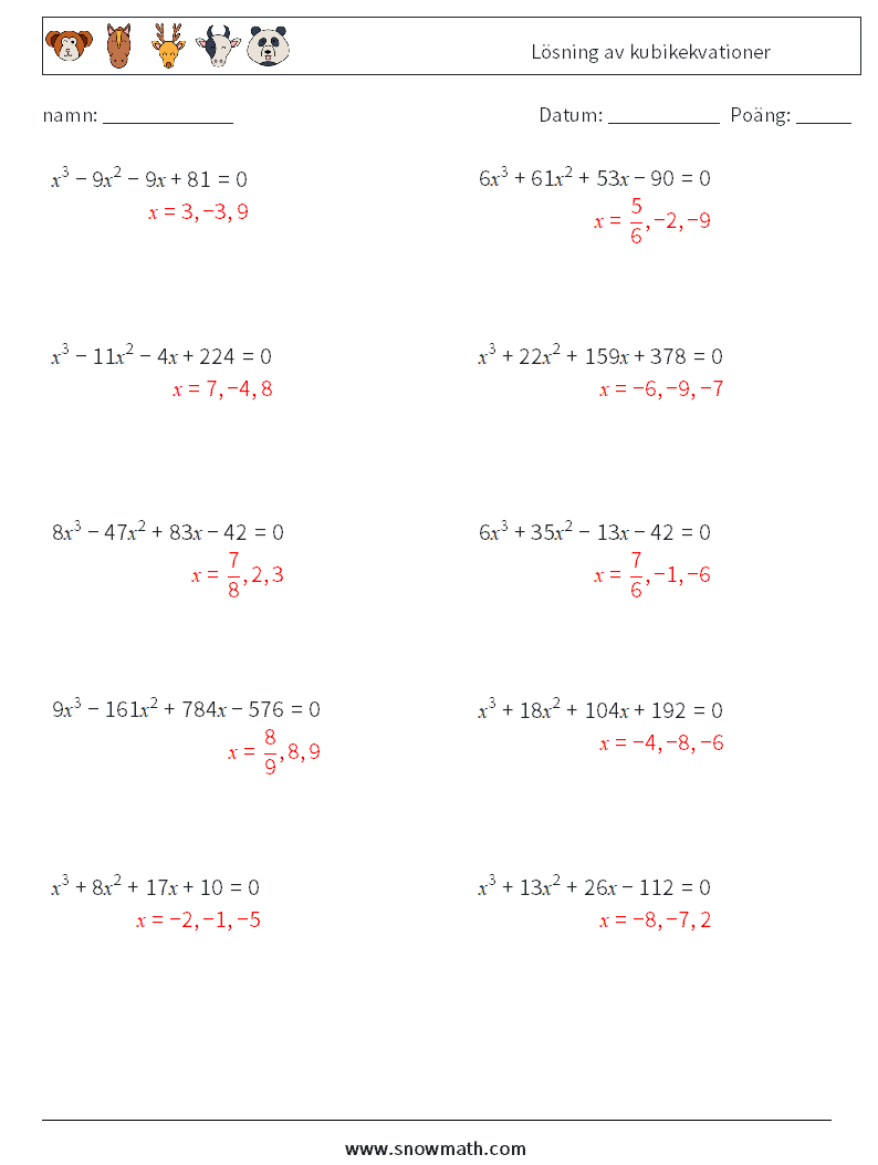 Lösning av kubikekvationer Matematiska arbetsblad 5 Fråga, svar