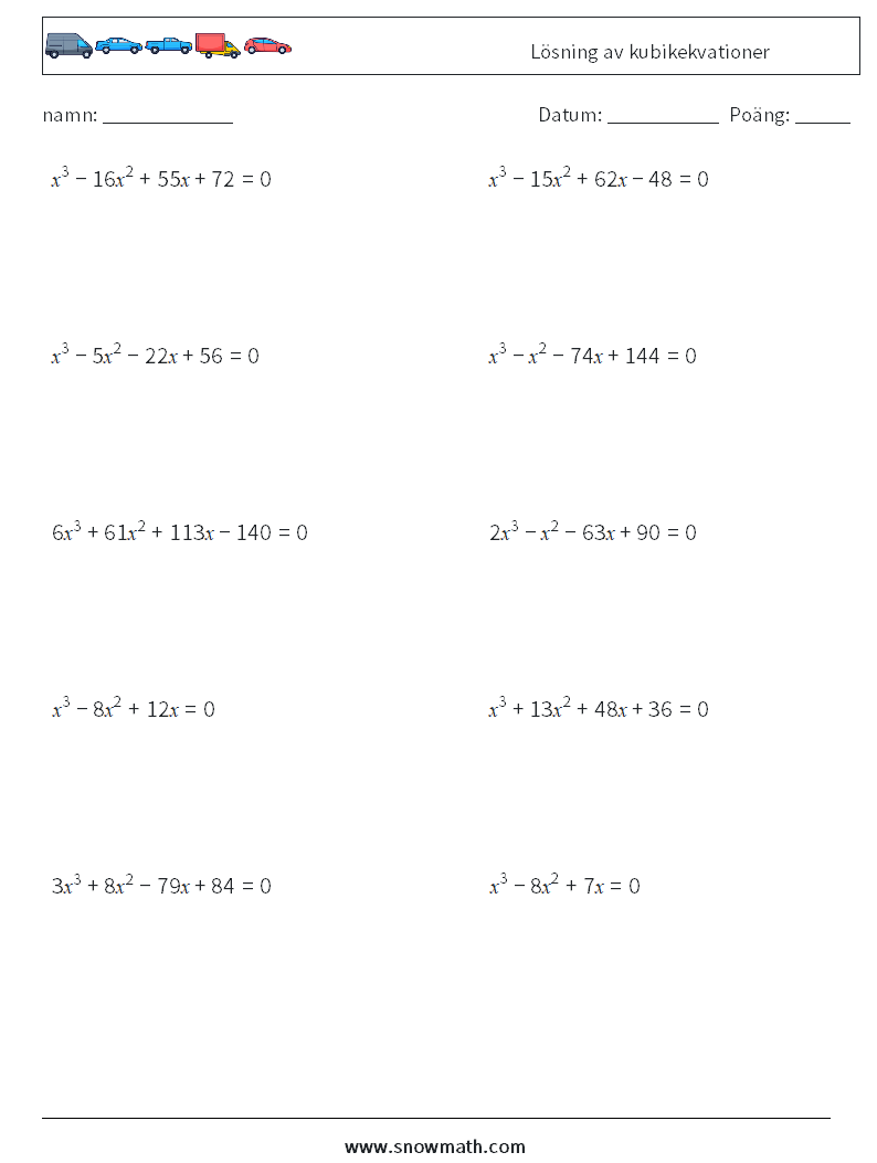 Lösning av kubikekvationer Matematiska arbetsblad 6