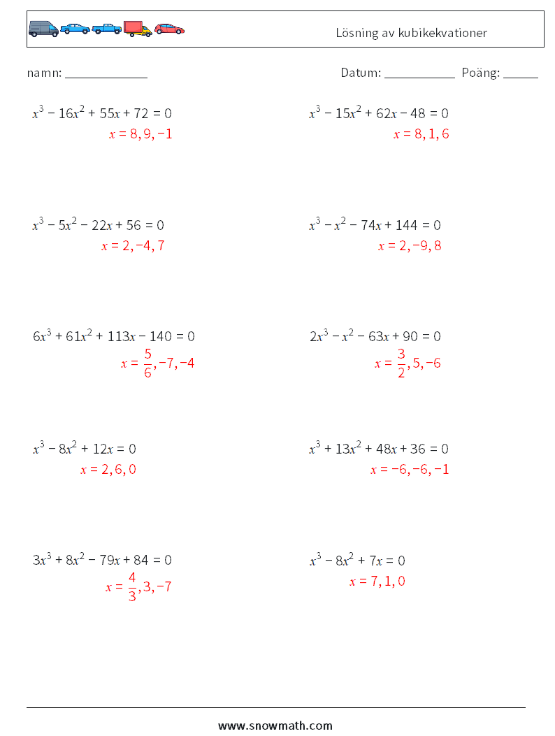 Lösning av kubikekvationer Matematiska arbetsblad 6 Fråga, svar