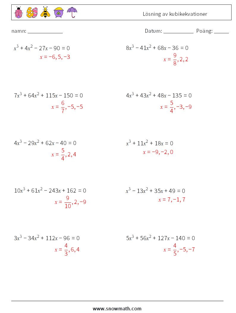 Lösning av kubikekvationer Matematiska arbetsblad 7 Fråga, svar