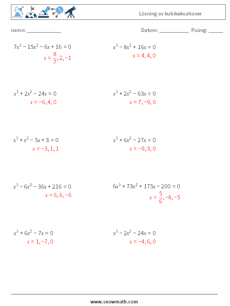 Lösning av kubikekvationer Matematiska arbetsblad 9 Fråga, svar