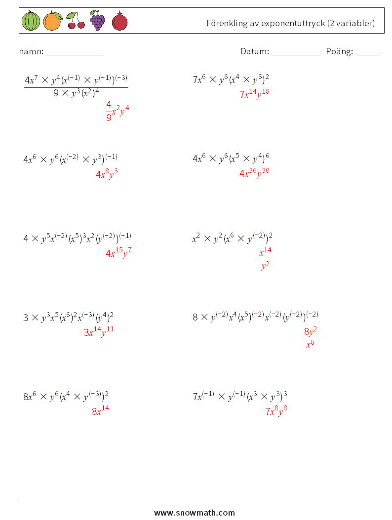 Förenkling av exponentuttryck (2 variabler) Matematiska arbetsblad 2 Fråga, svar