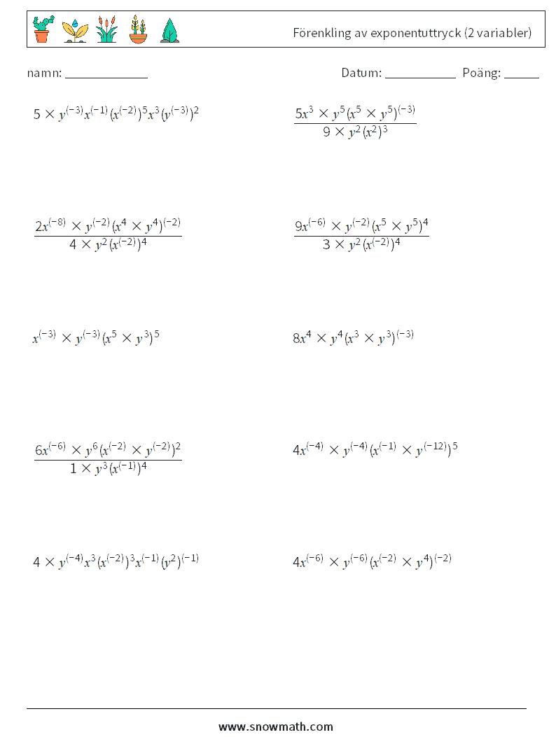  Förenkling av exponentuttryck (2 variabler) Matematiska arbetsblad 4