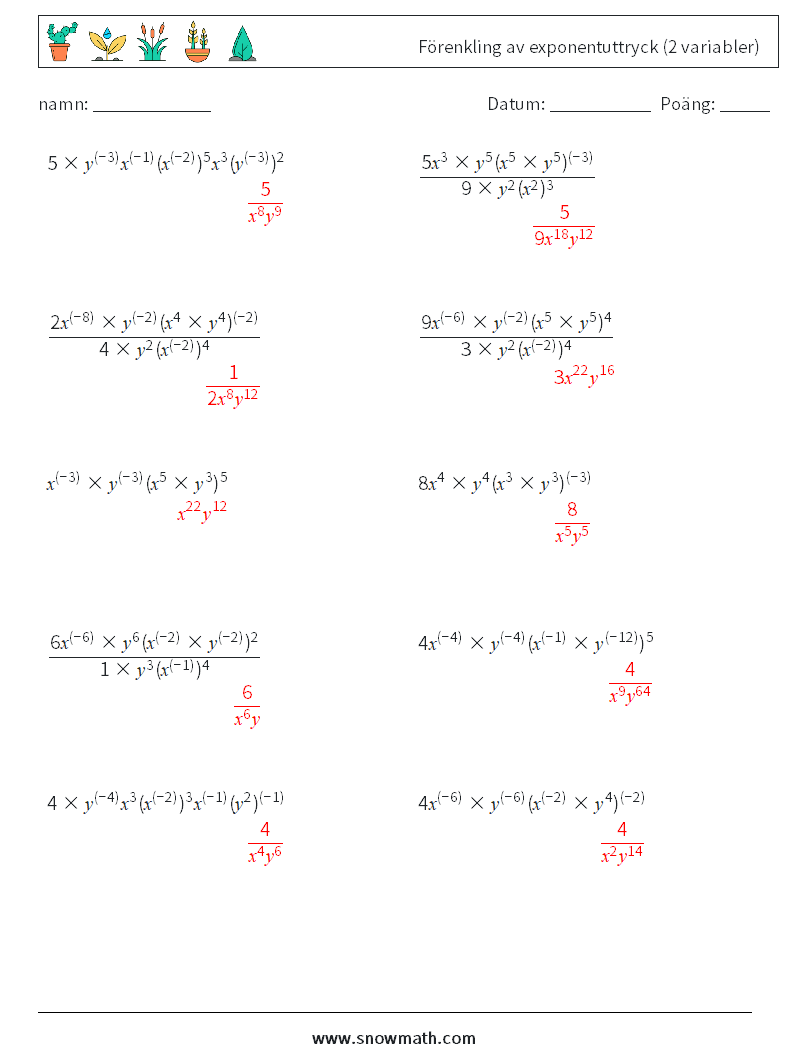  Förenkling av exponentuttryck (2 variabler) Matematiska arbetsblad 4 Fråga, svar
