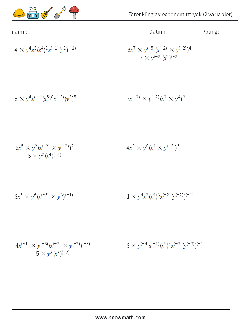  Förenkling av exponentuttryck (2 variabler) Matematiska arbetsblad 5