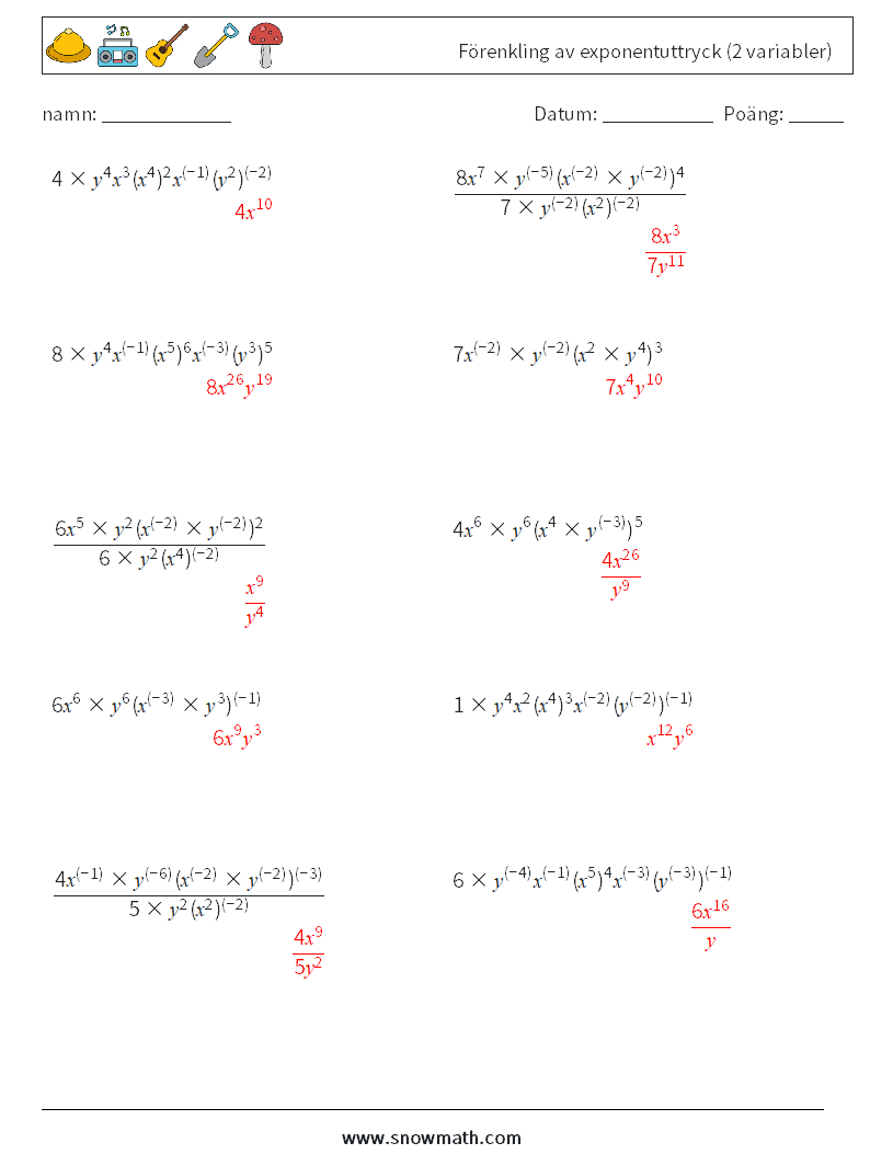  Förenkling av exponentuttryck (2 variabler) Matematiska arbetsblad 5 Fråga, svar