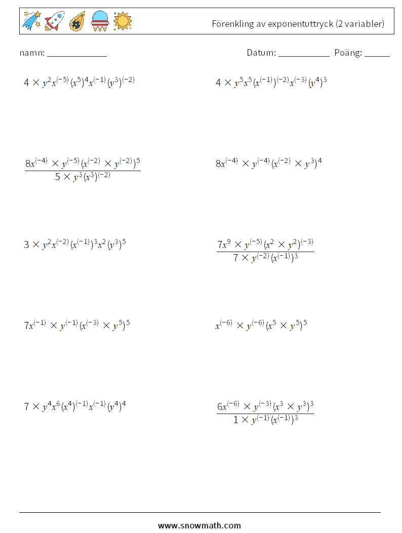  Förenkling av exponentuttryck (2 variabler) Matematiska arbetsblad 6