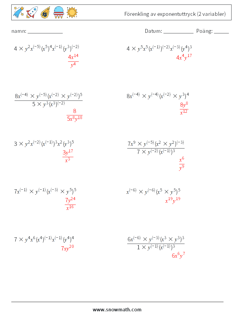  Förenkling av exponentuttryck (2 variabler) Matematiska arbetsblad 6 Fråga, svar