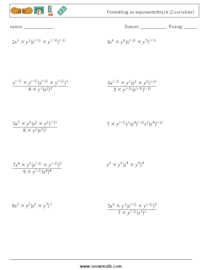  Förenkling av exponentuttryck (2 variabler) Matematiska arbetsblad 7