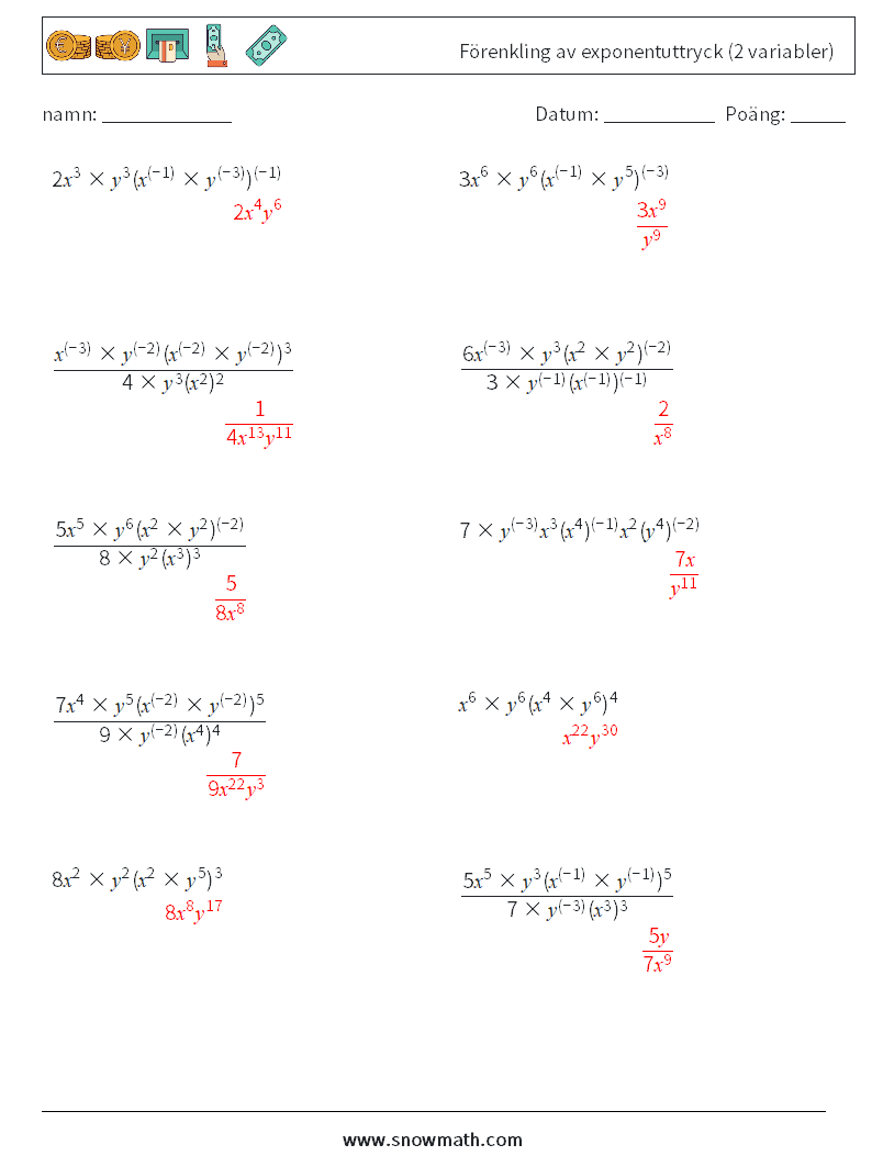  Förenkling av exponentuttryck (2 variabler) Matematiska arbetsblad 7 Fråga, svar