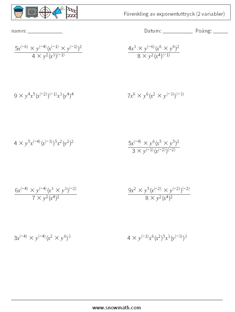  Förenkling av exponentuttryck (2 variabler) Matematiska arbetsblad 8